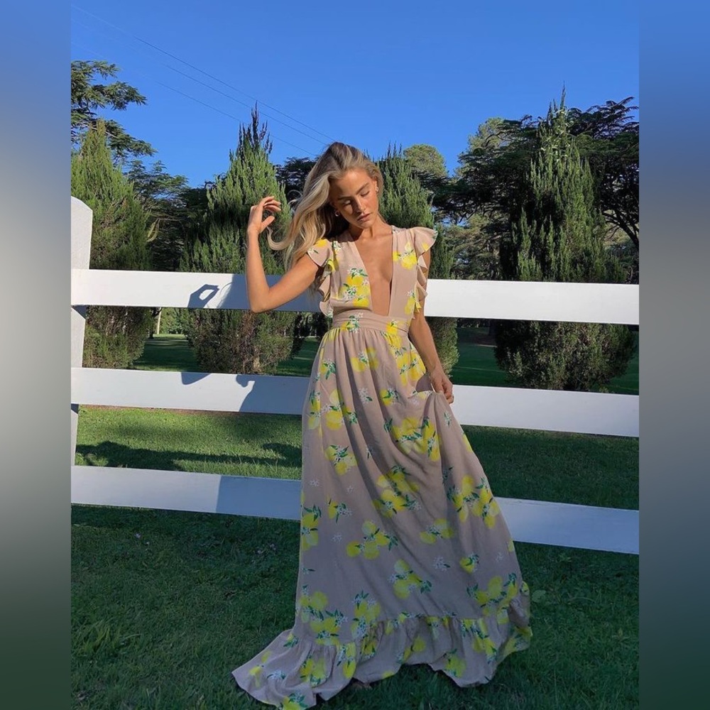 MAJORELLE Sweet Pea Dress Maxi Tan Lemon Wrap Size Small